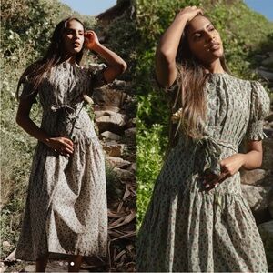 NWT Daughters Of India Dress Prairie Midi Button Down in Sage Green Floral